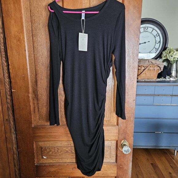 NWT Black Contour Ruched Cutout Midi Dress Women’s Size Large Stretch Bodycon - Picture 1 of 5